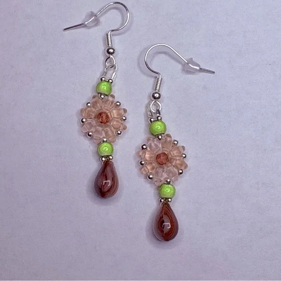 ***SOLD*** Artisan Hand Crafted Beaded Pierced Dangle Flower Earrings Glass Bead - Picture 3 of 4